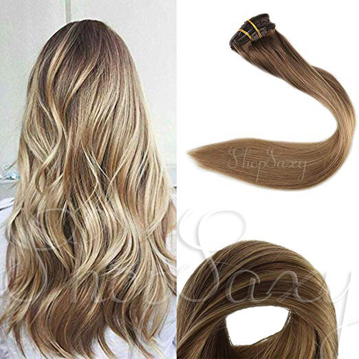 Long Clip Ins 100% Human Hair Extensions Remy Hair Balayage Ombre Double Weft