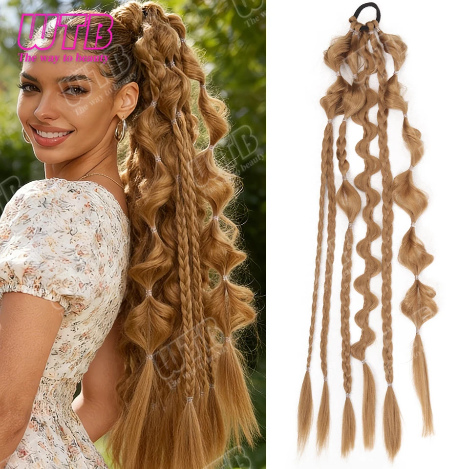 Bubble Braided Ponytail Synthetic Wig for Women Elastic Band for Daily Party