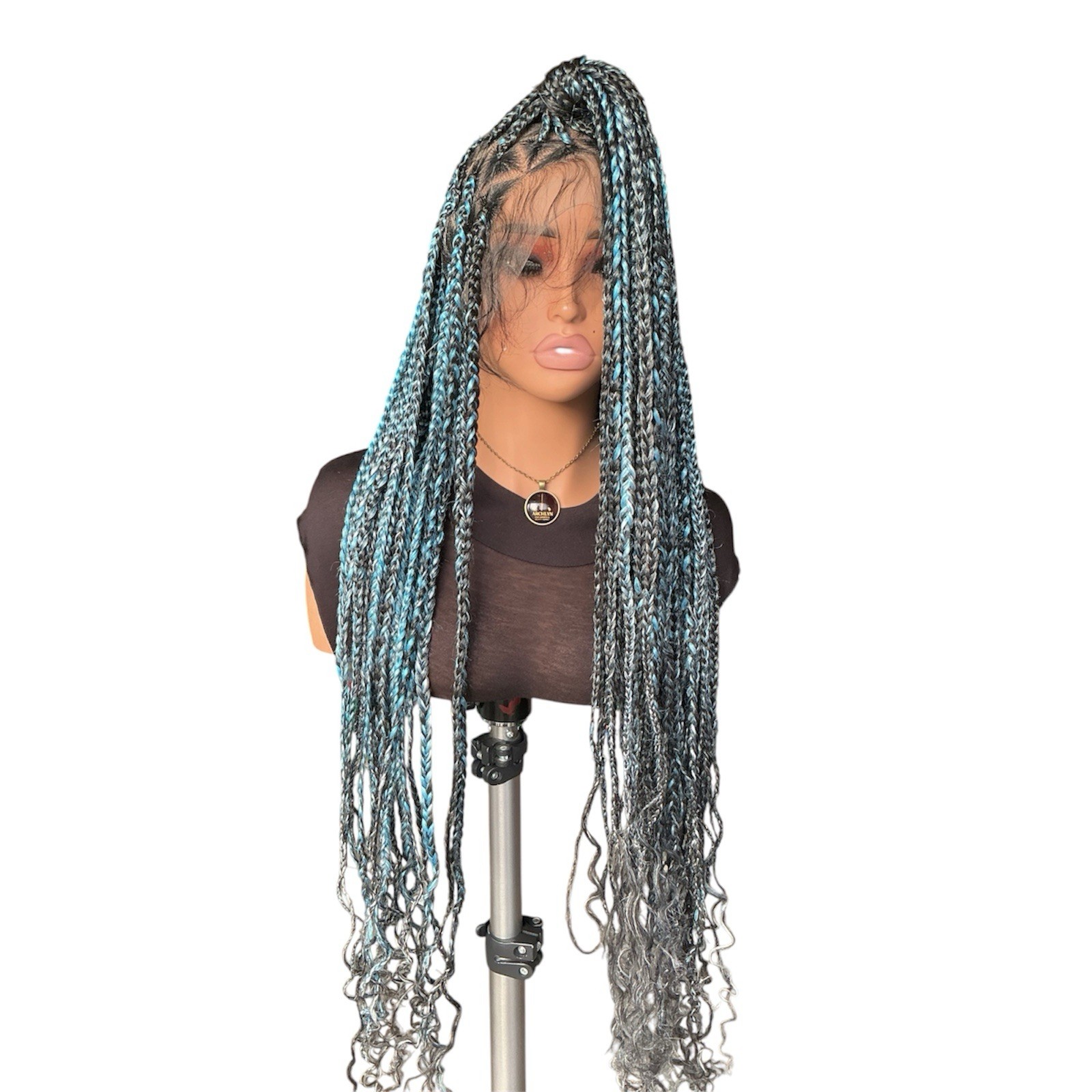 Handmade Black Blue Silver Long Curly Ends Braided Lace Front Wig 31-40in