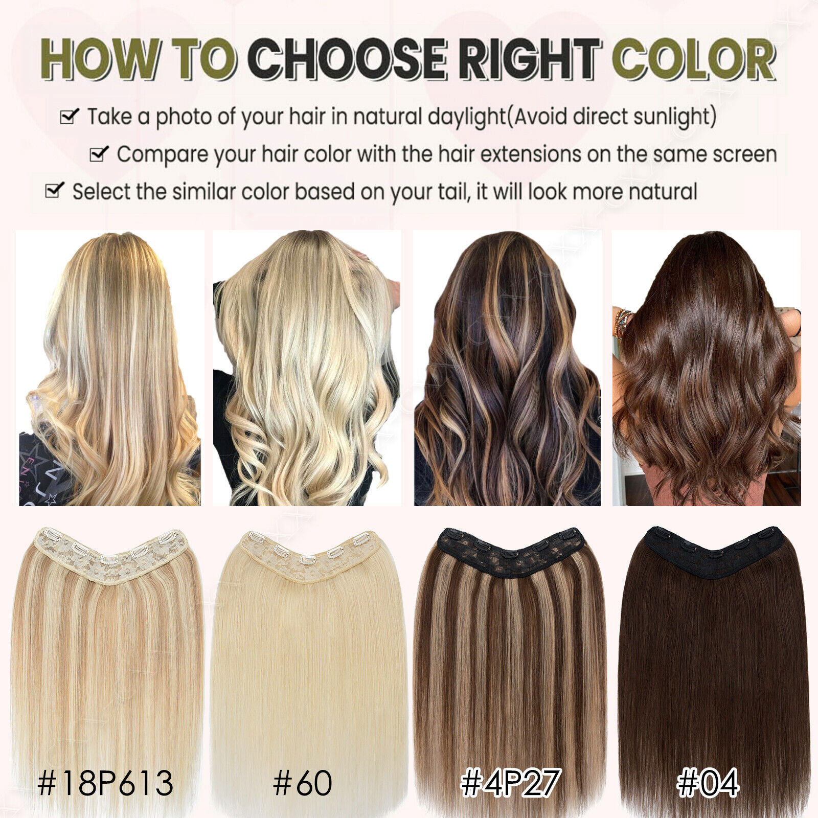 One Piece V Shape 100% Real Clip in remy Human Hair Extensions Highlight