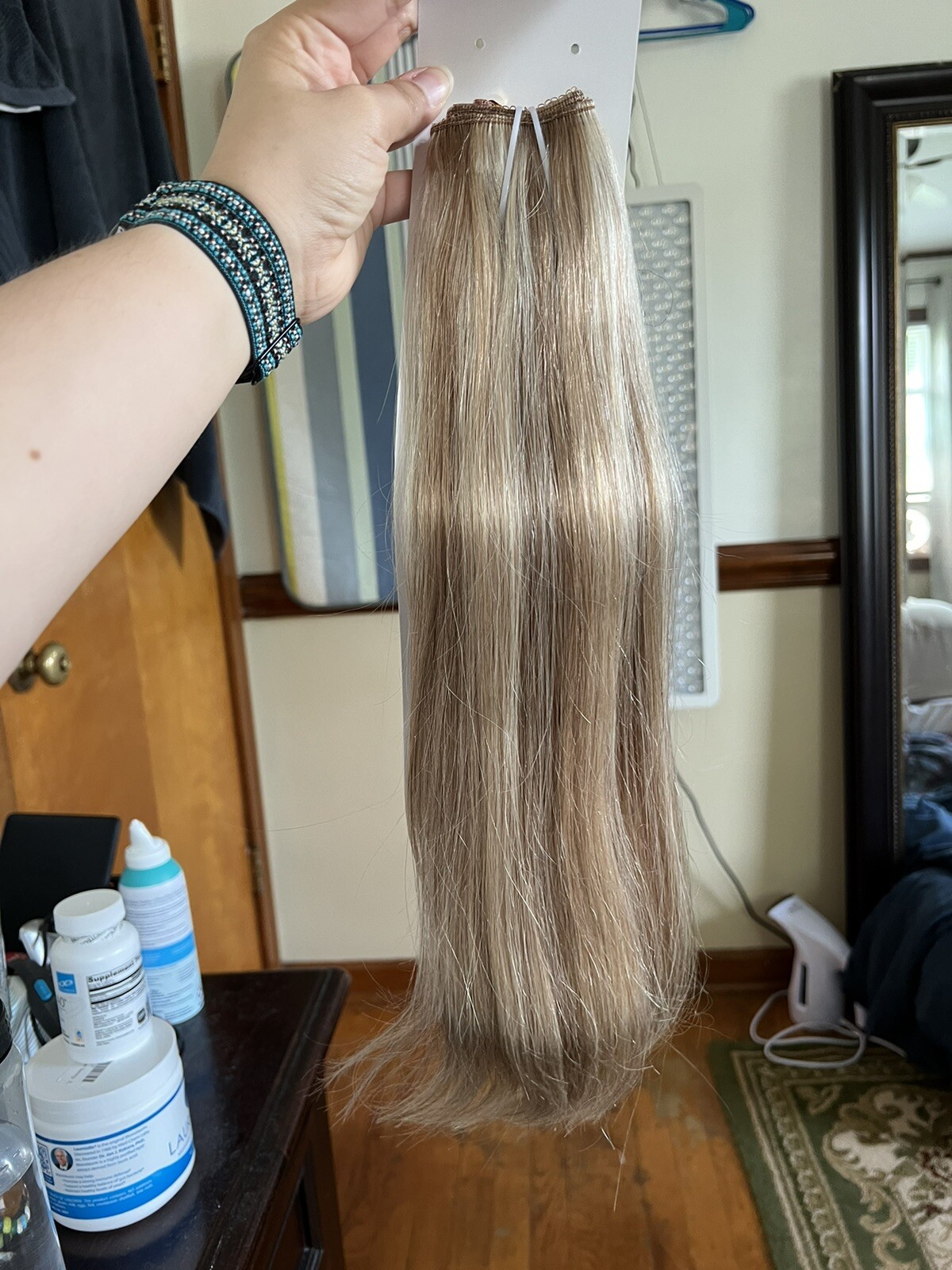 Fish Line Remy Human Hair Ext 18in 95g Medium Brown Mixed W/ Platinum blonde