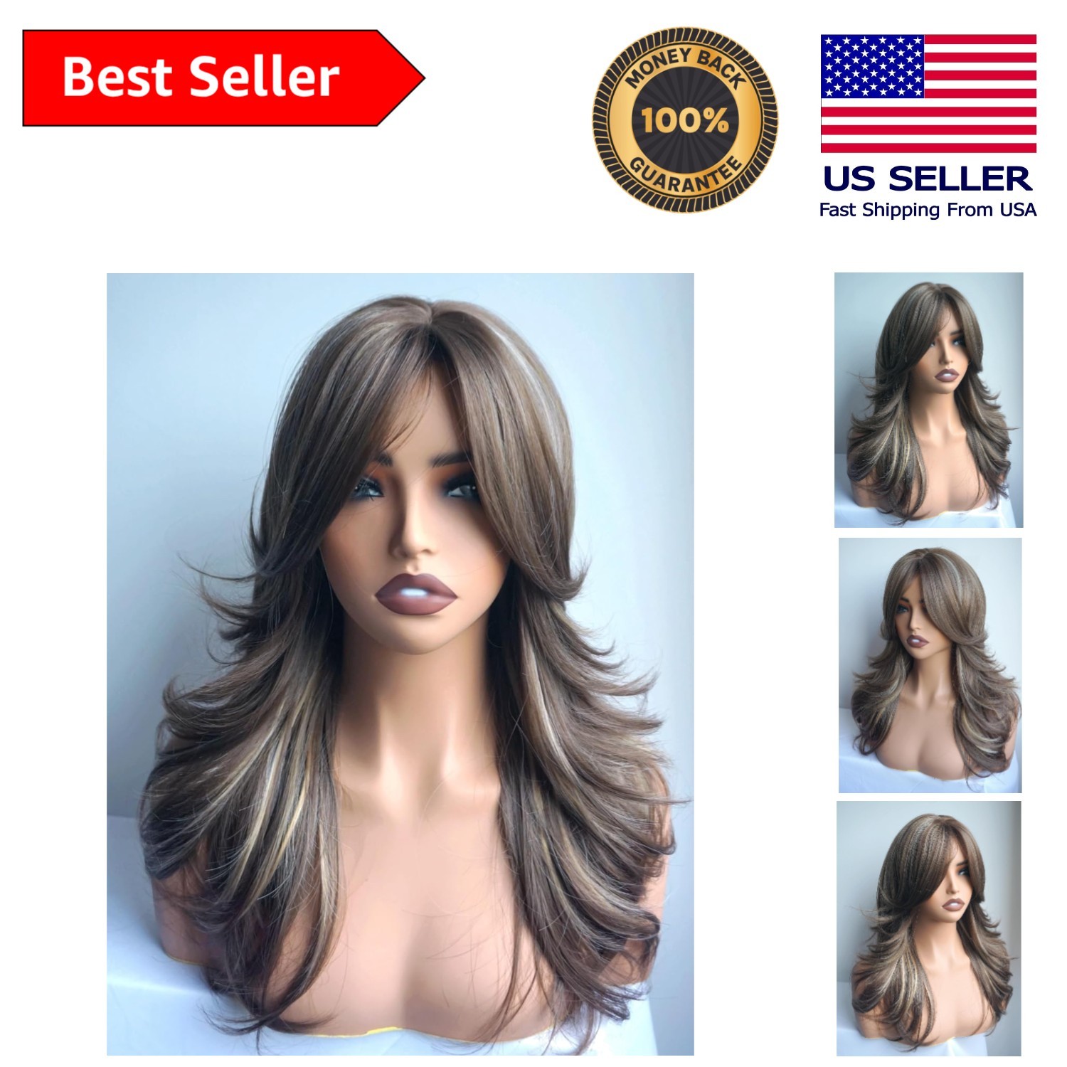 Heat-Stylable Layered Wig with Natural Hairline in Brown Blonde Highlights