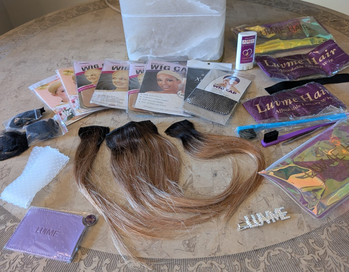 LUVME Assorted Accessories With 3 12″ Human Hair Clip In Extensions, Net Caps