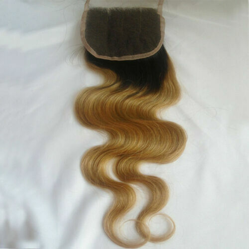 12A PERUVIAN HUMAN HAIR WEFT 3/4BUNDLES+LACE TOP CLOSURE 1B#/27 DARK ROOT OMBRE