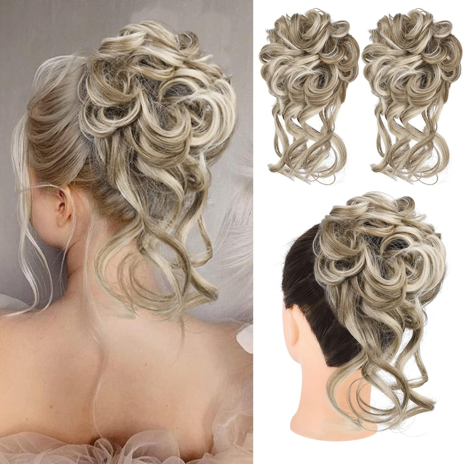 2PCS Messy Bun Hair Piece, Tousled Updo with Tendrils Hair Bun Extensions Wavy C