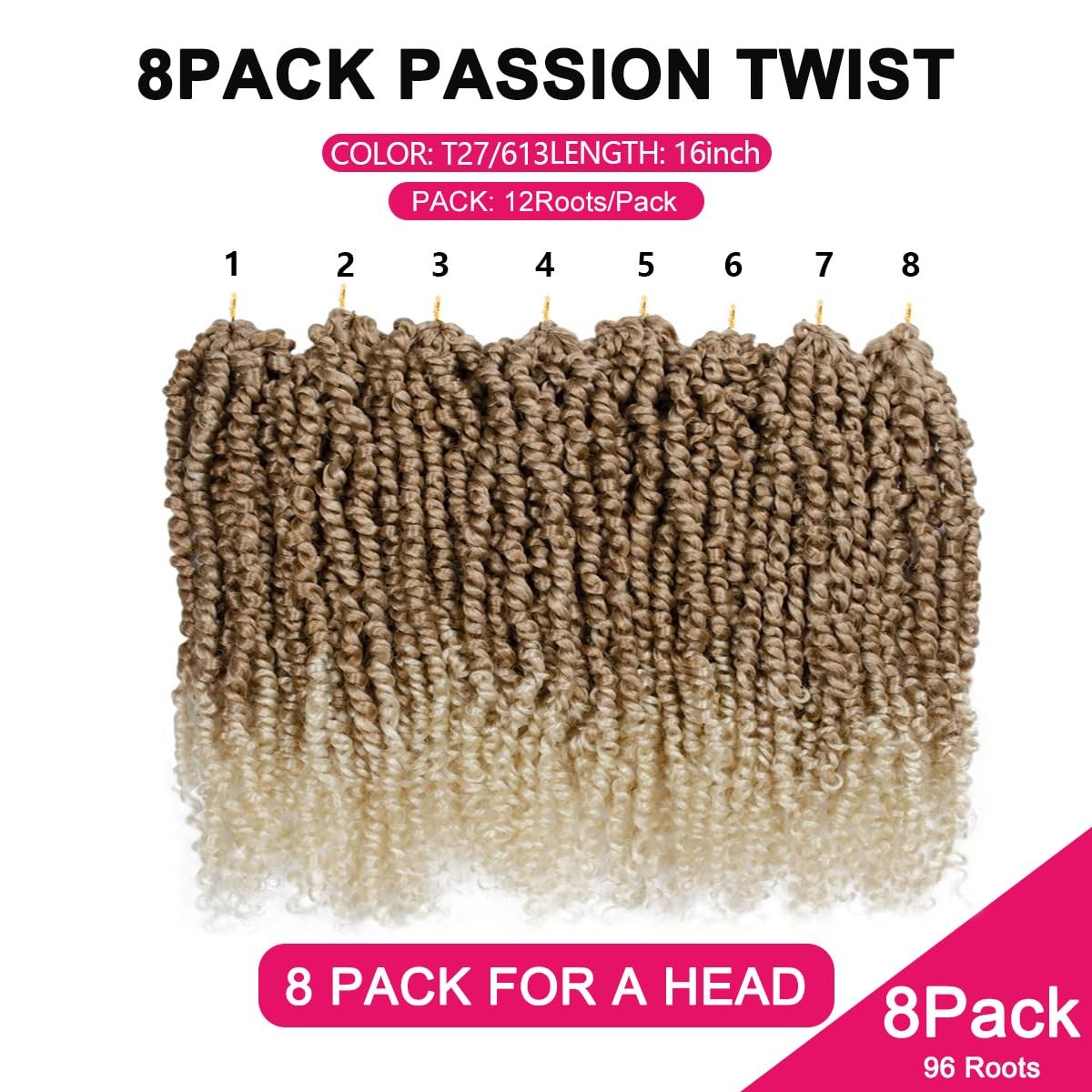 NAYOO Passion Twist Hair 16in Crochet Extensions 8 Packs T27/613
