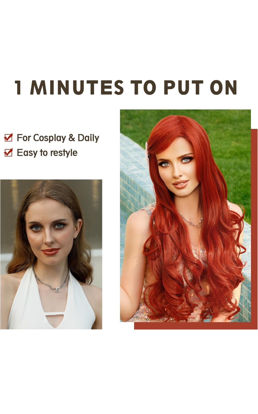 7JHH WIGS Long Wavy Costume Wigs Cosplay Ariel Mermaid 28in, Ginger Orange