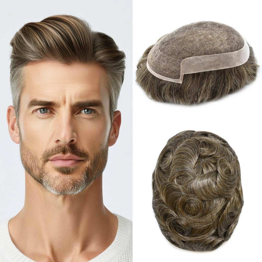 French Lace Front Mens Toupee Human Hair Replacement System Poly Skin Hairpiece