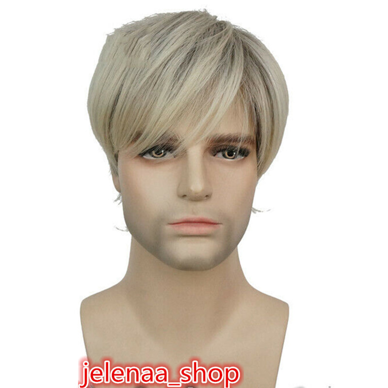 Mens Short Straight Blonde Mix Hair Wig European and American Oblique Bangs Wig
