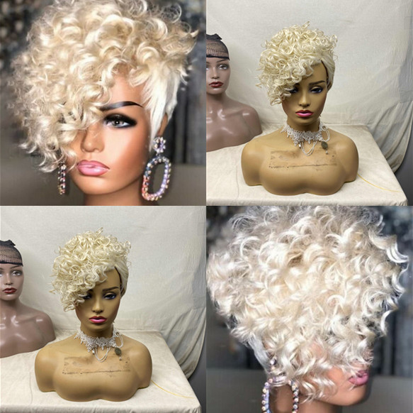 Fashion Short Blonde Wigs Curly Hair Pixie Cut Wigs for Women Synthetic Wigs