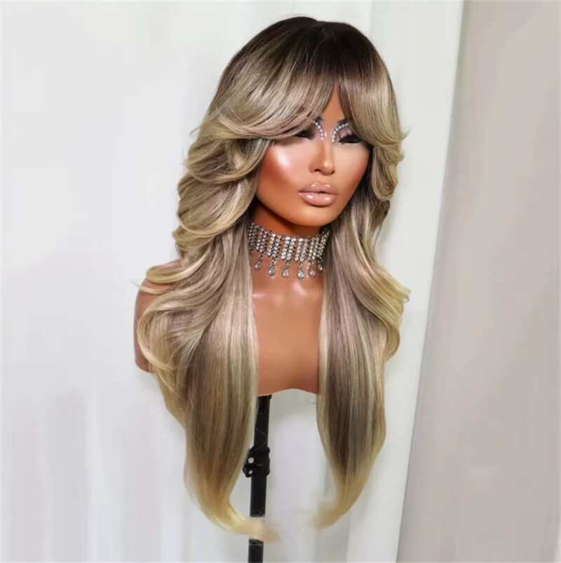 Ash Blonde Wig with Bangs Honey Blonde Balayage Human Hair 13×4 Lace Front Wigs