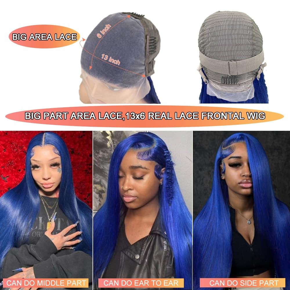 Amzhair 13X6 Dark Blue Lace Front Wigs Human Hair Straight Hd Transparent Royal