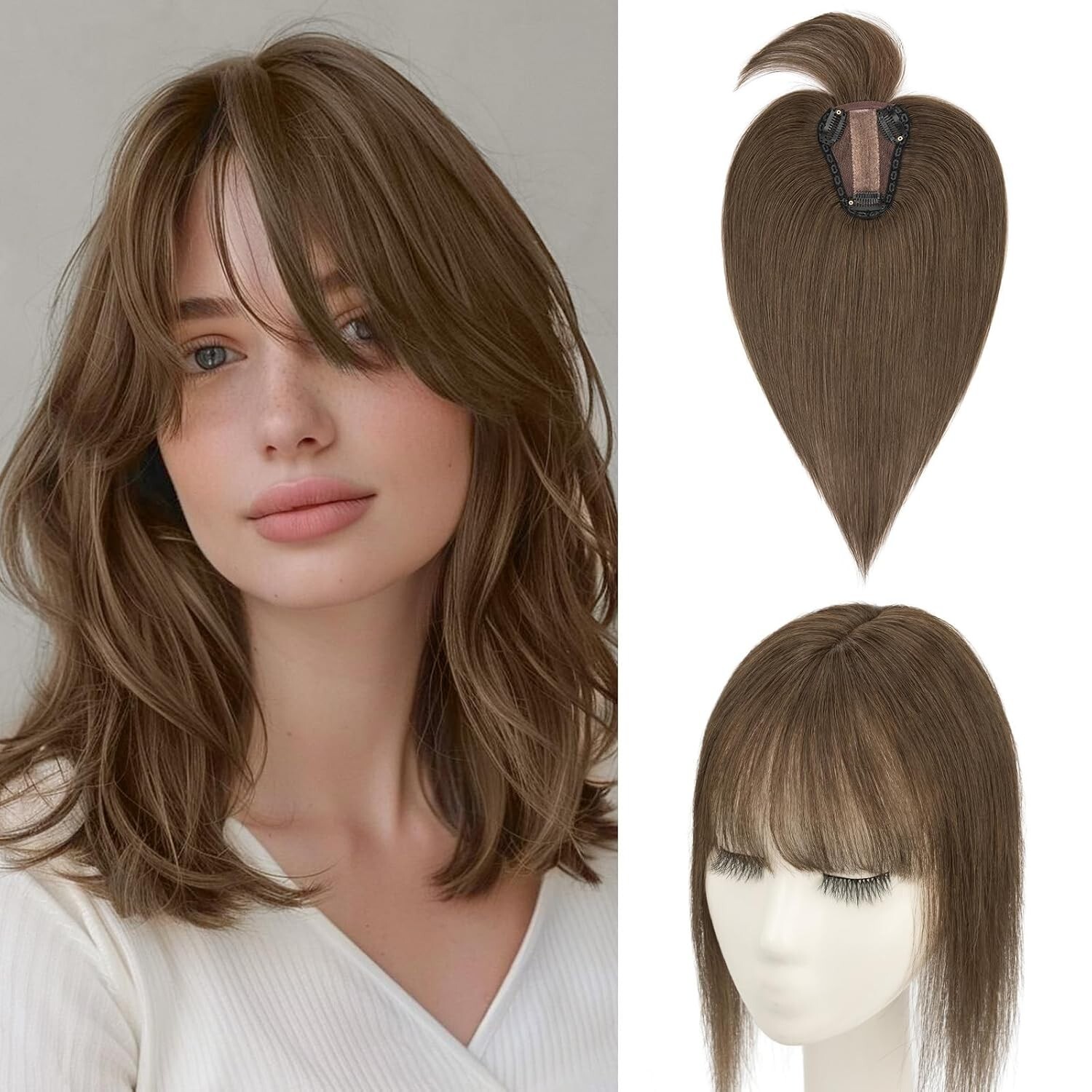 Remy Human Hair Topper 3D Cover 150% Density Clip-in Bangs #2 Dark Brown 7 Inch
