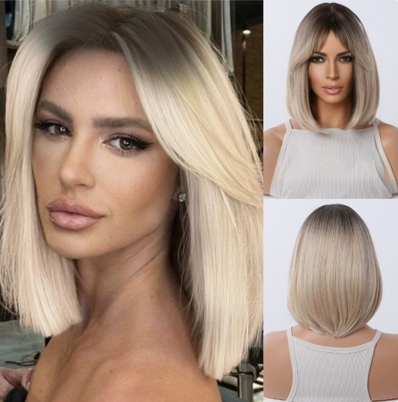 Women’s Short BOB Brown Blonde Dark Root Straight Wig Synthetic Hair Wigs 14inch