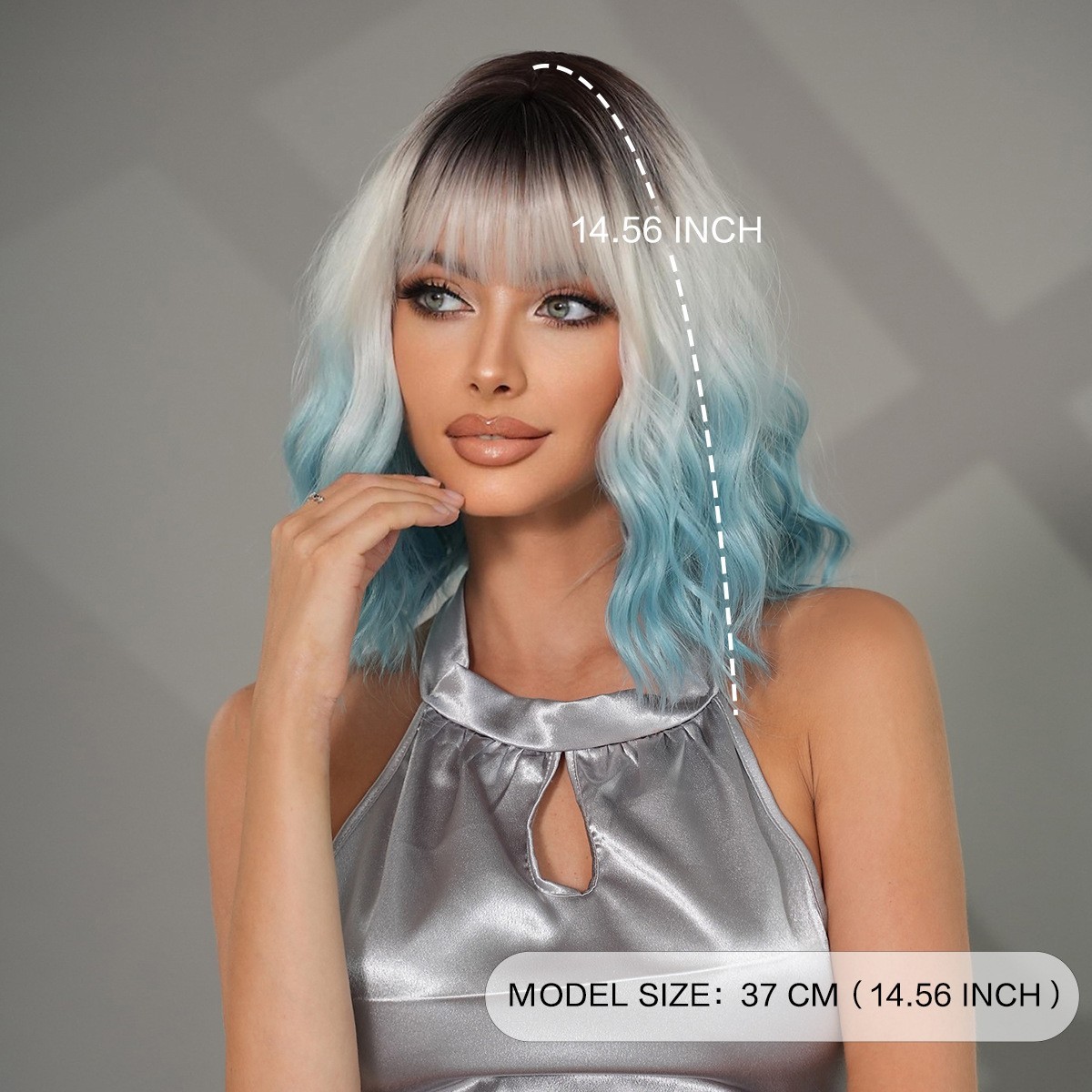 Ombre Blue Cosplay Wig Short Bob Wavy Wigs With Bangs for Women Girls Party Dai