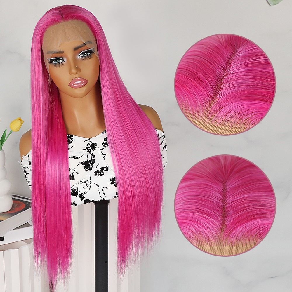 13×4 Free Part Rose Red Color Hair Frontal Lace Replacement Wigs Heat Resistant