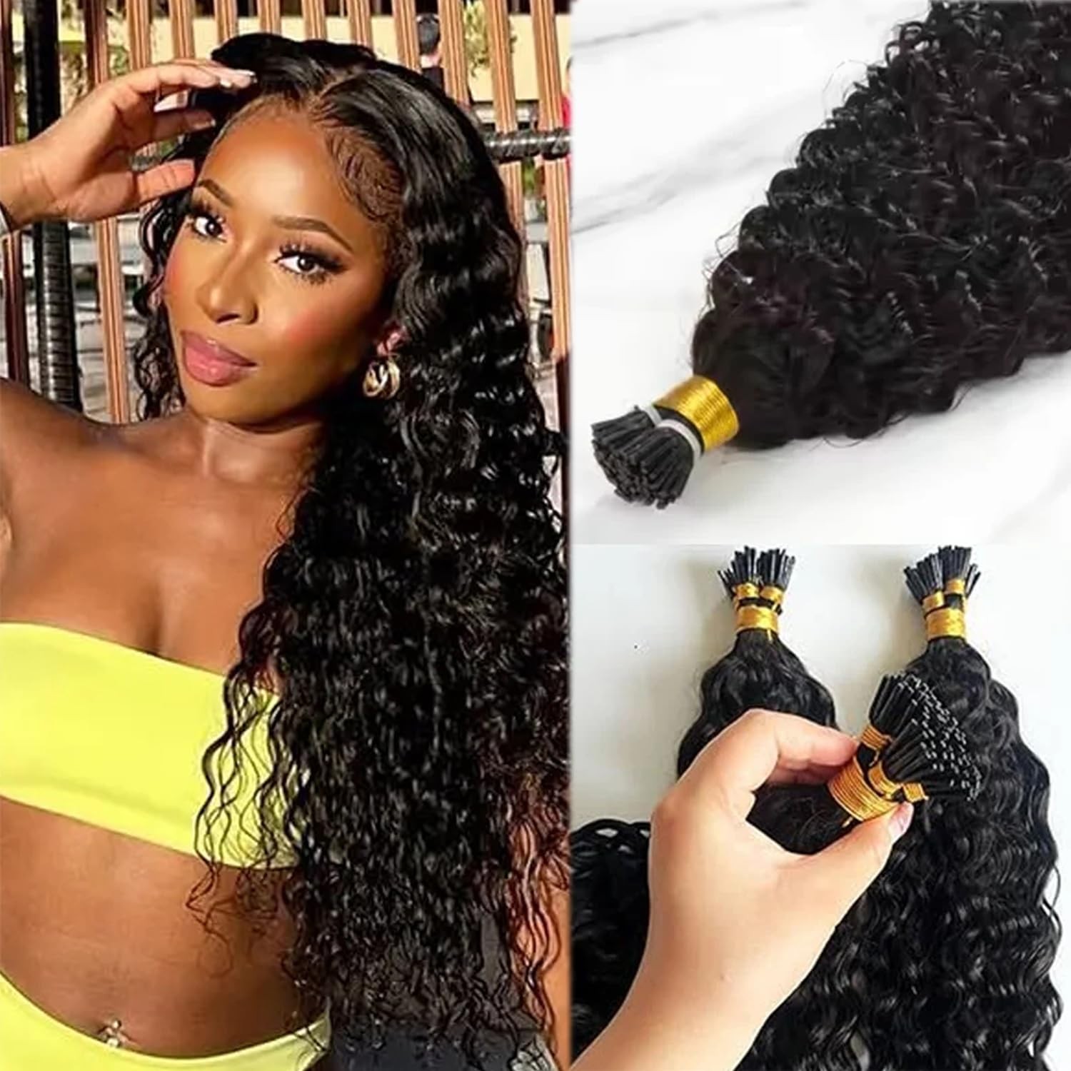 Water Wave I Tip Human Hair Extensions Cold Fusion Hair Piece Deep Curly Pre …