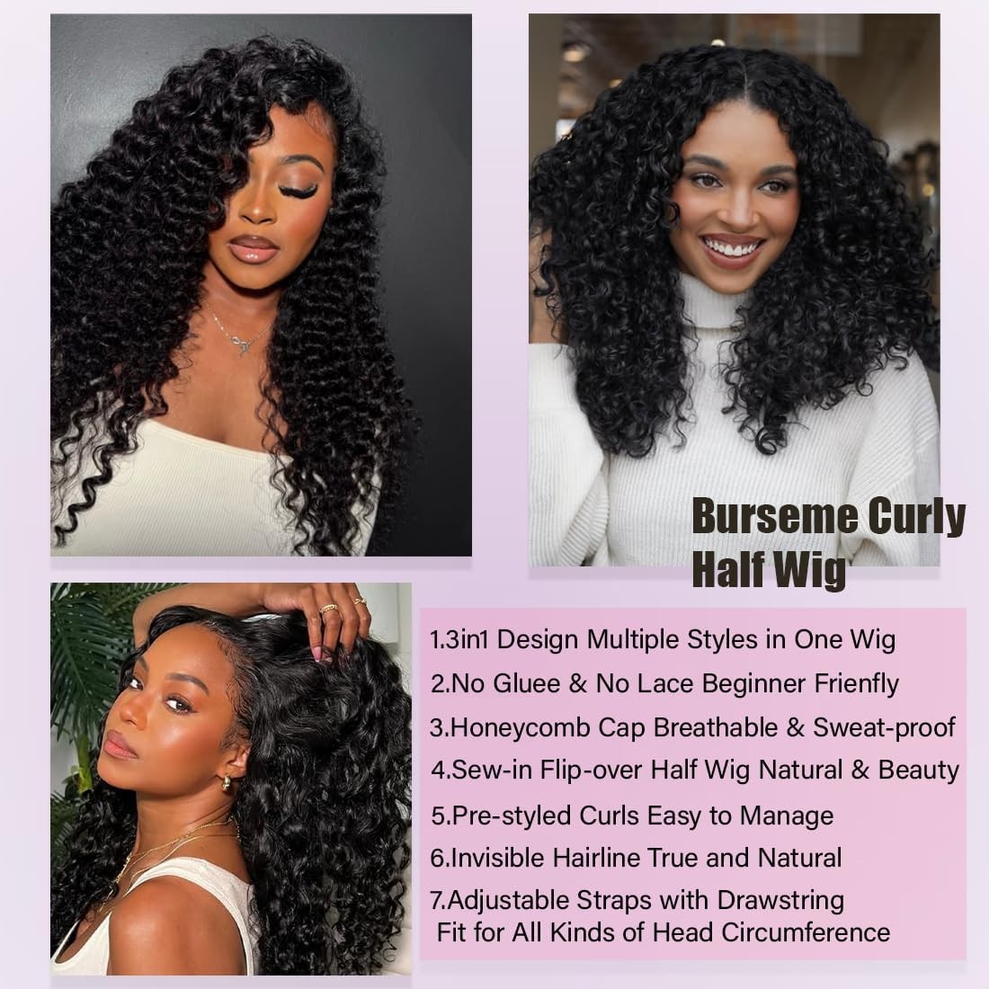 Burmese Curly Half Wig Human Hair 200% Density 3 In 1 Wear and Go Glueless Wi…