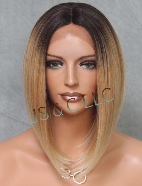Lace Front Wig Straight Human hair blend Heat OK Blonde Dark Roots 2T27-613 LBY