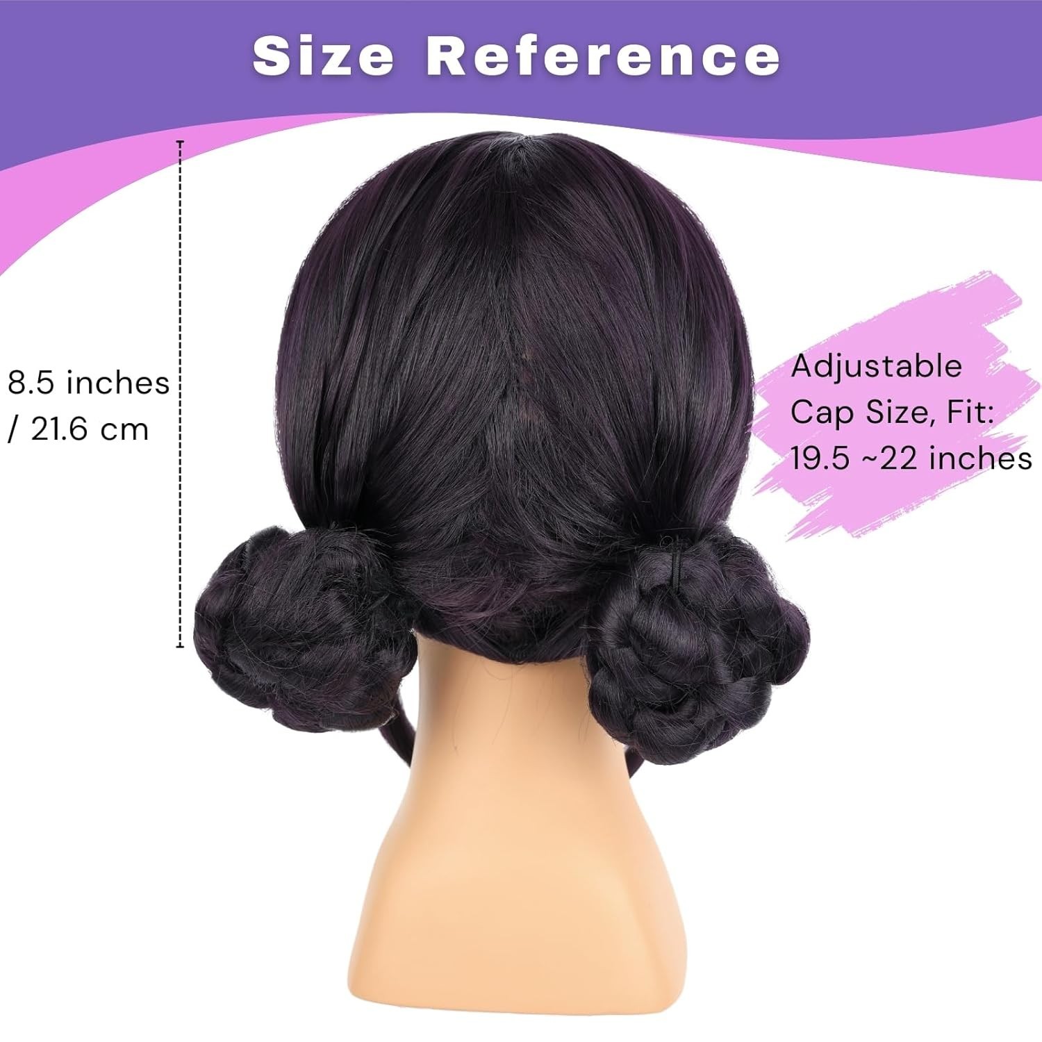 KPop Demon Hunter Zoey Wig Kid Size Purple with Bangs & 2 Buns Halloween Costume