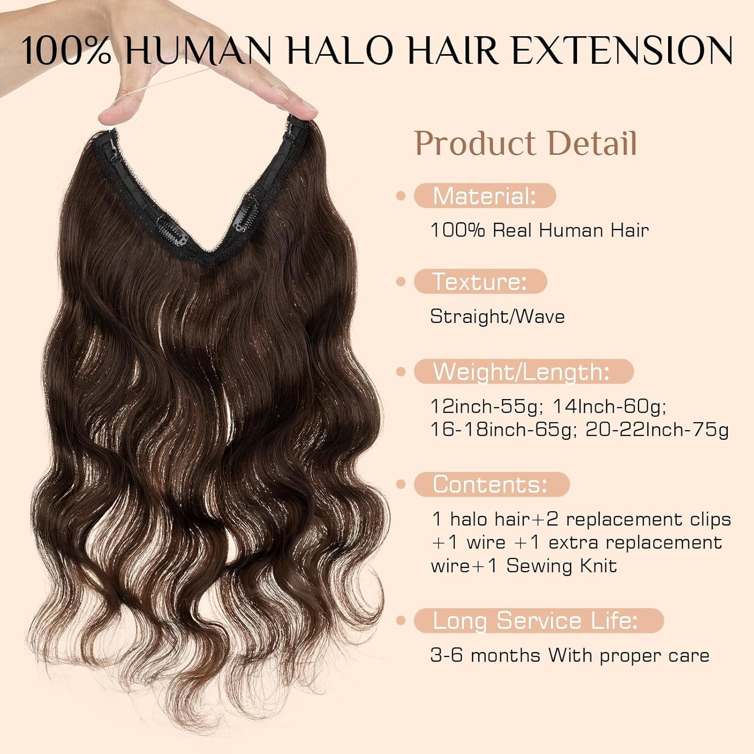 Brown Dark Wavy 12in Halo 100% Human REMY Women Hair Extension
