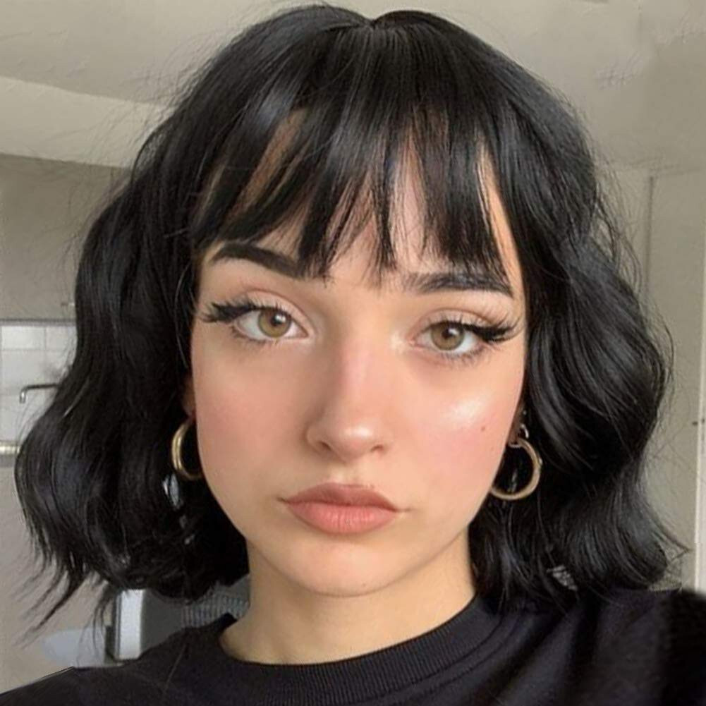 12″ Short Wavy Black Wig wispy bang bob women synthetic natural look fashion