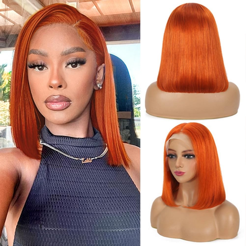 Fjsuprise 16 Inch Ginger Orange Bob Wig Human Hair 13X4 Hd Transparent Lace