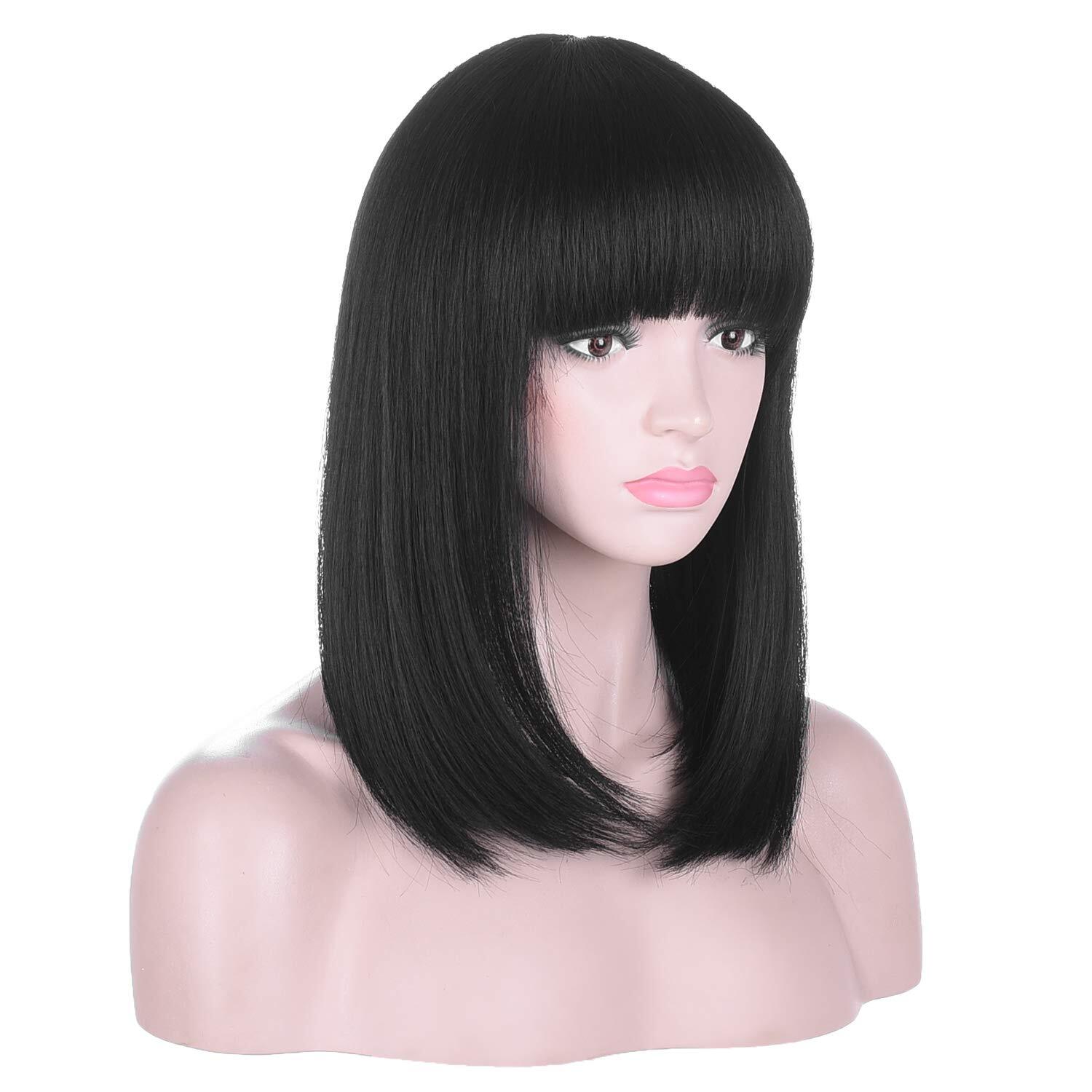 Women’s Full Bangs Black Straight Wigs Bob Natural Hair Full Wig 15″ Rose Net US