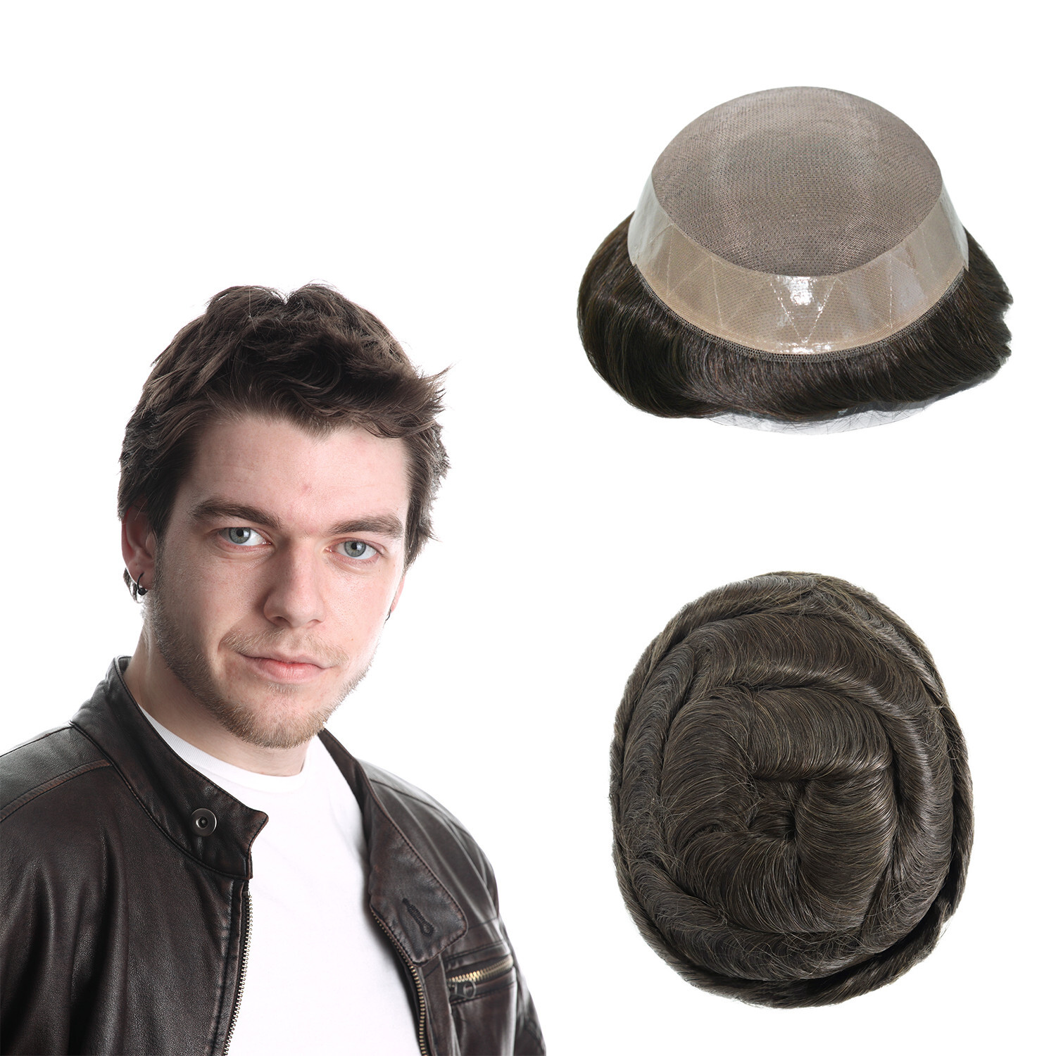 Mens Human Hair Replacement System Durable Fine Mono PU Skin Hairpiece Toupees