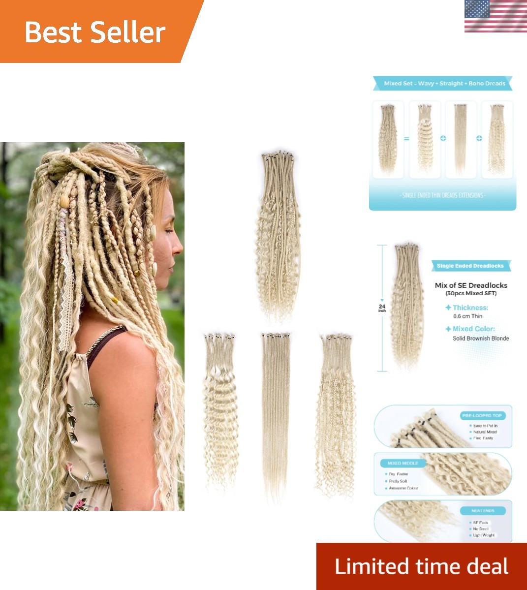 Blonde 24in Dreadlock Extensions – 30pcs Mixed Styles for Effortless Chic