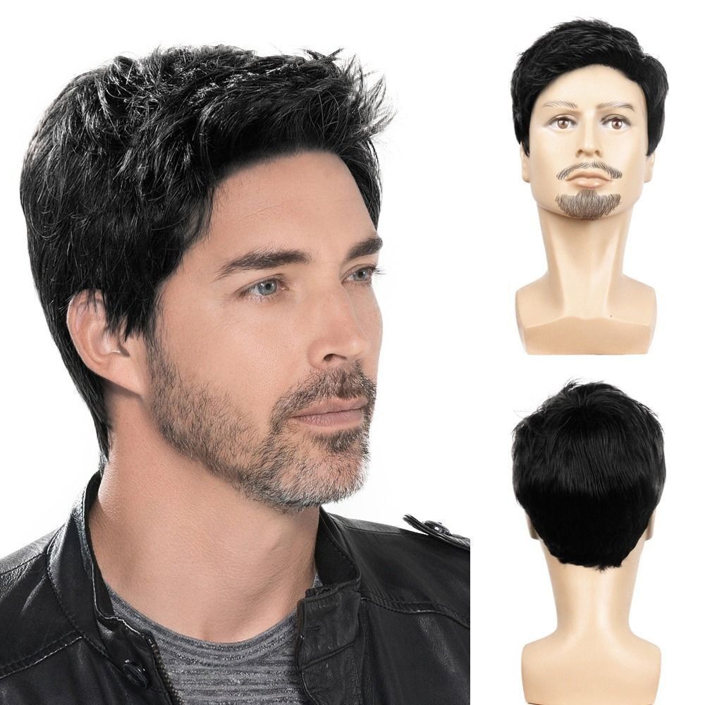 Men’s Short Straight Black Wig Little Wavy Heat Resistant Synthetic Hair Daily