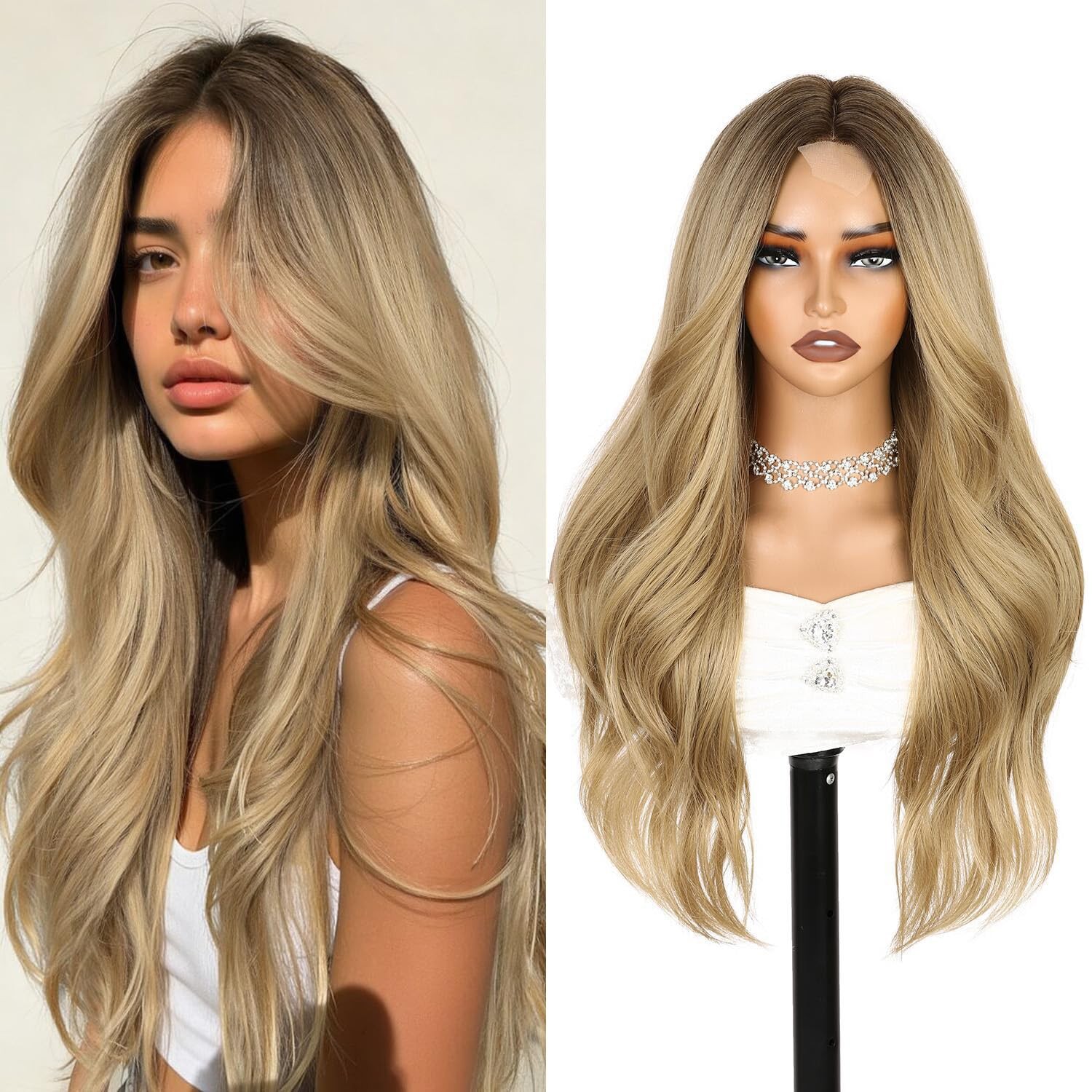 Long Ombre Blonde Wavy Wig for Women Middle Part Curly Natural Hairline Gluel…