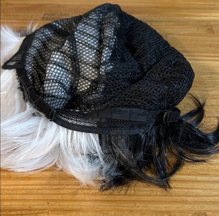 Short Wavy Cruella Deville Wig – Synthetic Black & White wig & DALMATION plushy