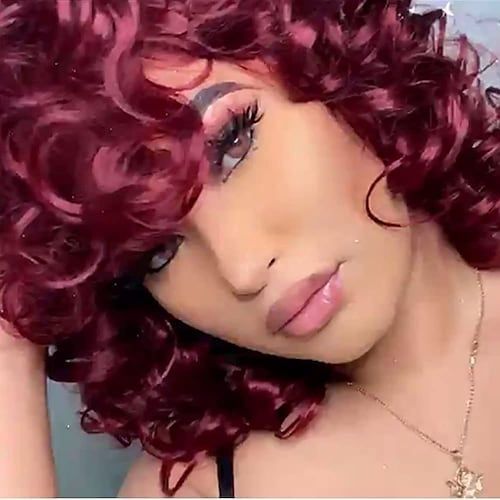 Short Bouncy Curly Burgundy Red Wig With Bangs Natural Fashion 99j Red Curly Wig
