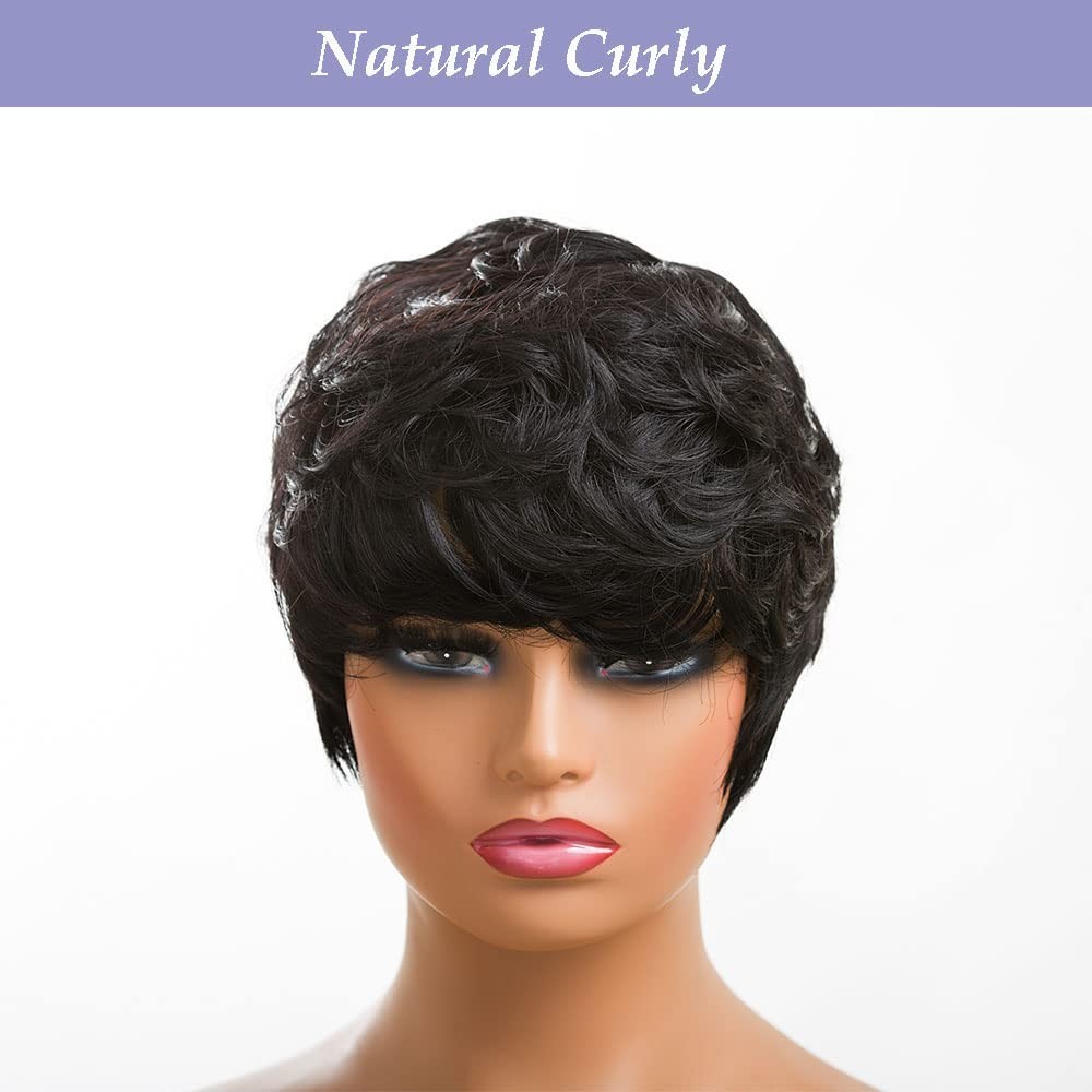Human Hair Wigs Black Short Curly Pixie Cut with Bangs for Women