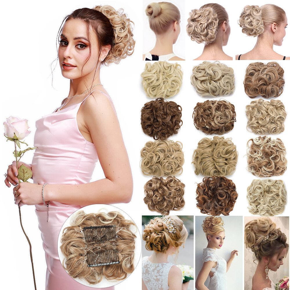 Wedding Short Curly Bun Hair Piece Comb Clip In Chignon Hair Extensions Woman US