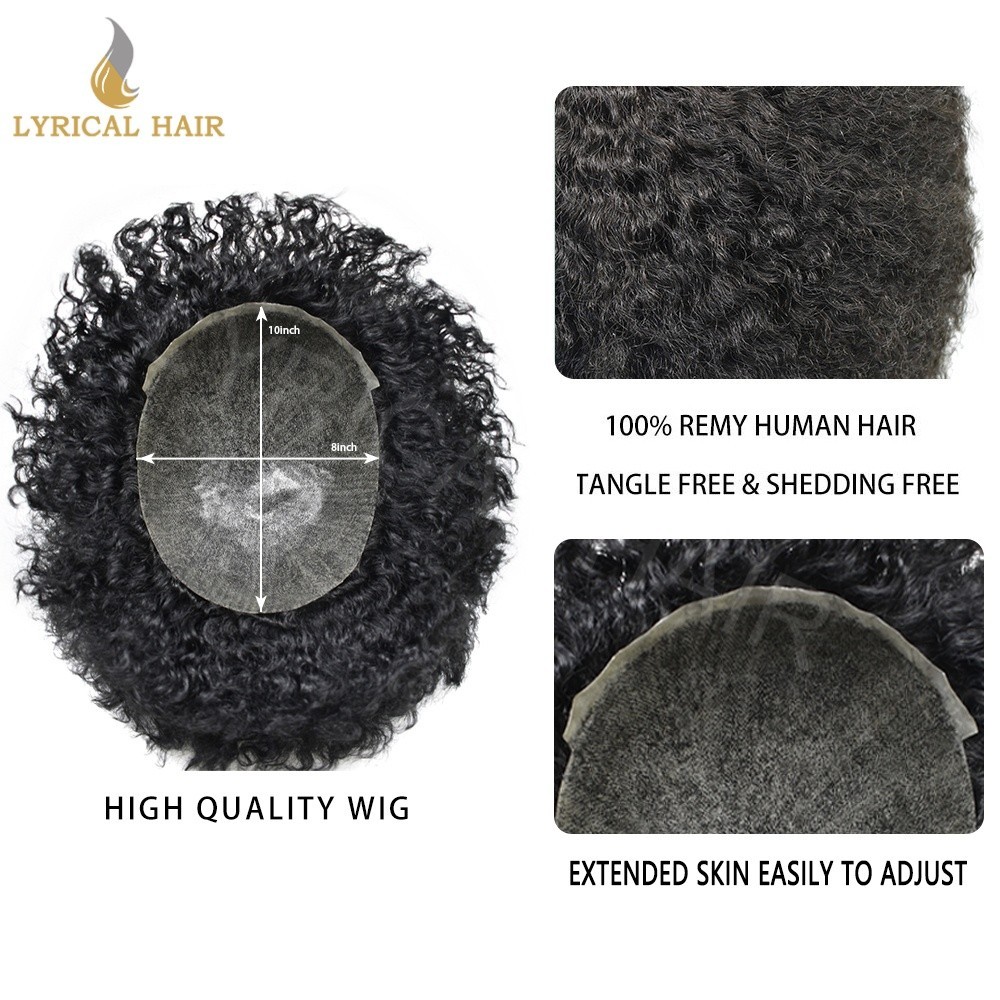 All PU Afro Curl Toupee Mens Human Hair Piece Replacement System Thin Skin Wigs