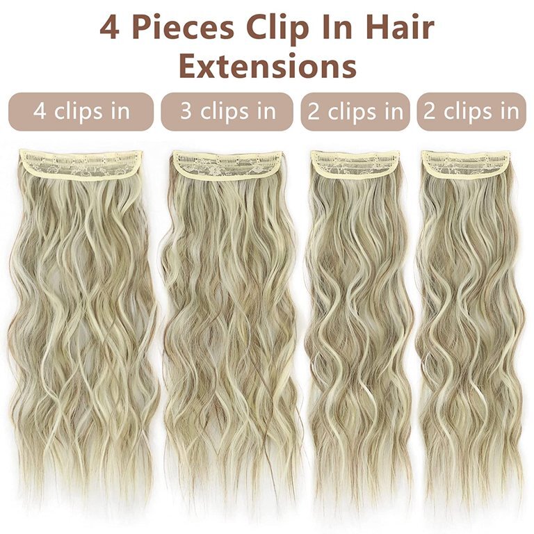 4PCS Clip in Natural Hair Extensions Long Wavy Bleach Blonde Weft Synthetic