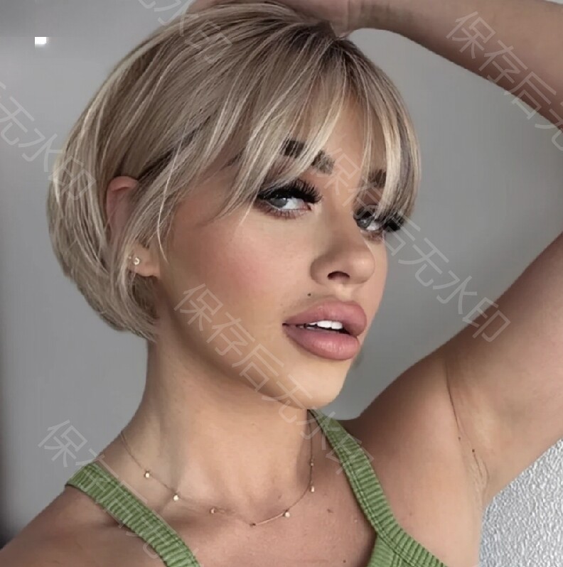 Blonde Short Straight Bob 100% Human Hair Wigs With Bangs Full Machine Made