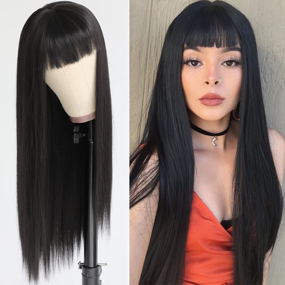 Synthetic Hair Wig 24 Inch Black Straight No Lace Full Bangs Youthful Style