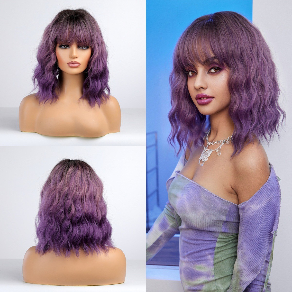 Ombre Purple Wig with Bangs Purple Bob Wavy Wig Synthetic Cosplay Wigs for Party