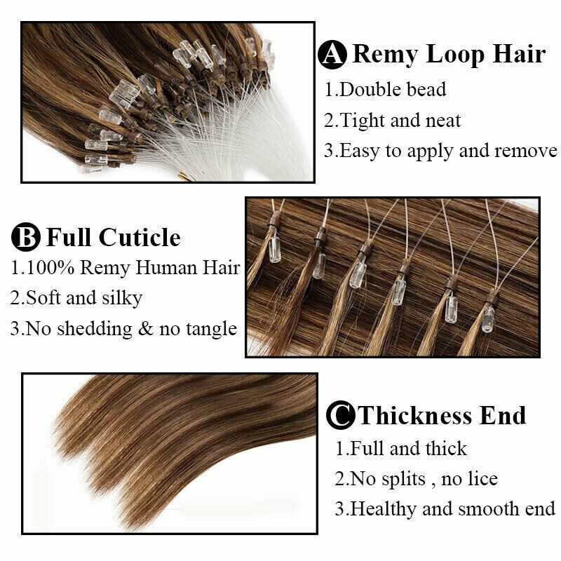Easy Loop Micro Real Human Hair Extensions Micro Beads Link Russian Hair 16-26in