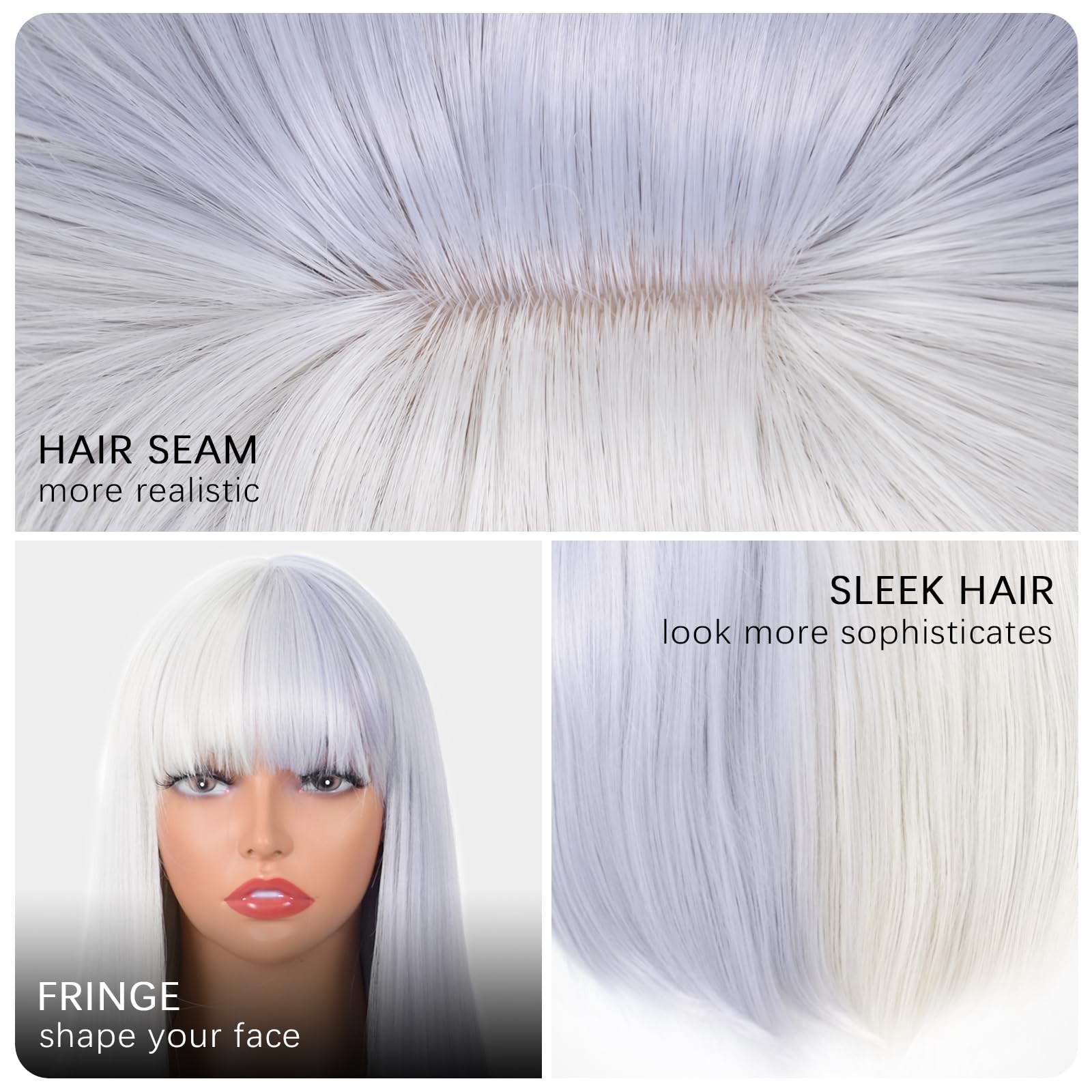 White and Purple Wig with Bangs for Women Long Straight Split Dye Wig Heat Re…