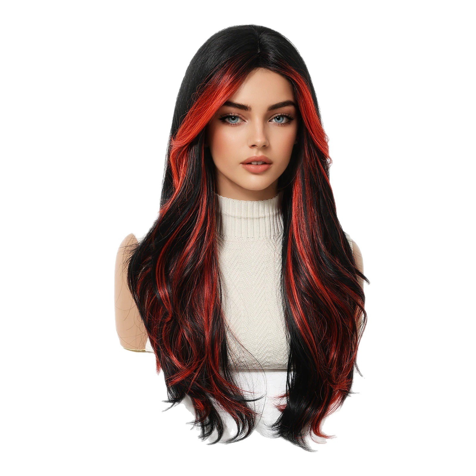 Natural Black Long Wavy Rose Pink Highlight Wigs with Curtain Bangs Natural Part