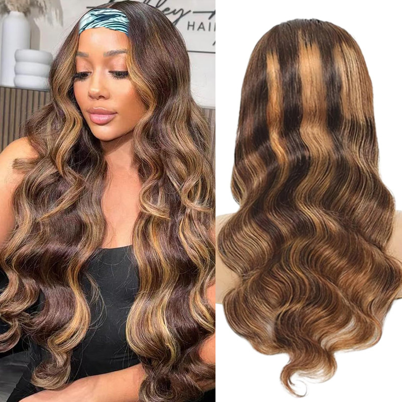 Fylora Ombre Headband Wig Human Hair Body Wave 4/27 Highlight 24 Inch Headband