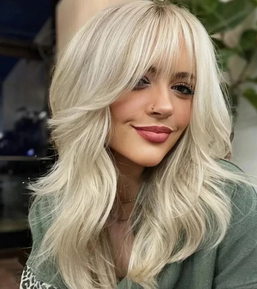 Platinum Blonde Synthetic Wig with Bangs Medium Length Layered Wigs for Women