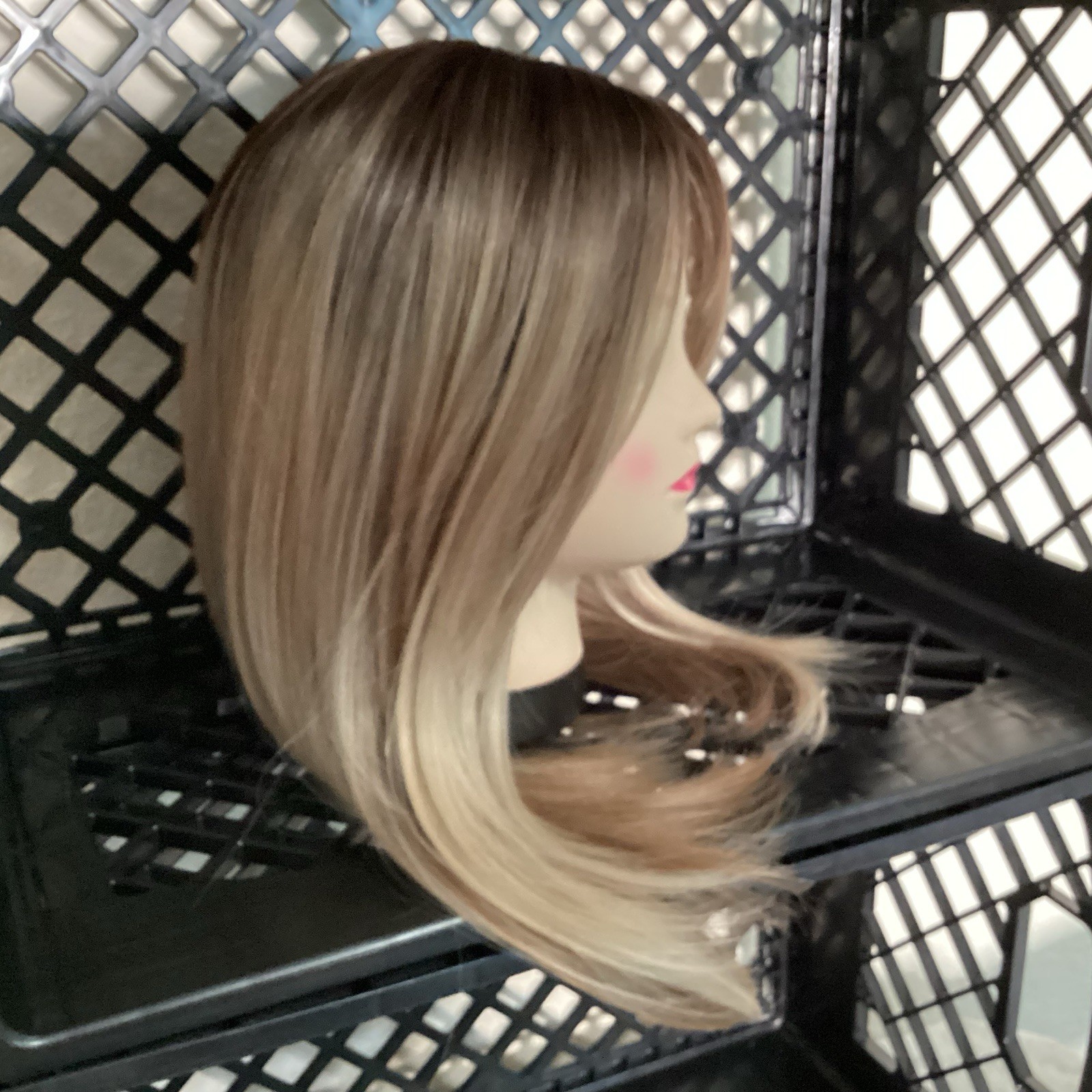 Ash Blond Wig 16” With Bangs Ombré Gradient Dark Roots Rooted Middle Part