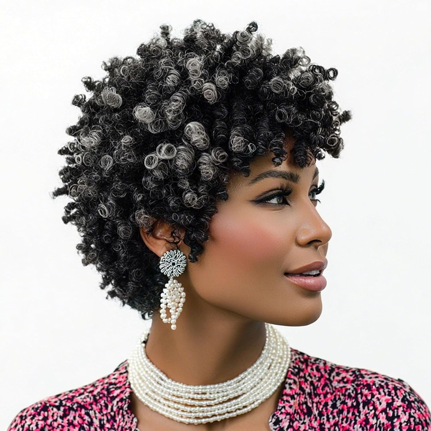 MIMAN Tight Curl Short Black Grey Afro Wig curly kink twist woman synthetic 10″