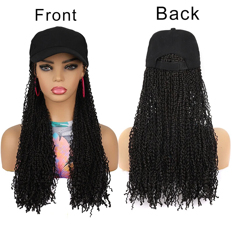Baseball Cap With Curly Wave Braid Attached Micro Braids Hat Wig for Women Girls