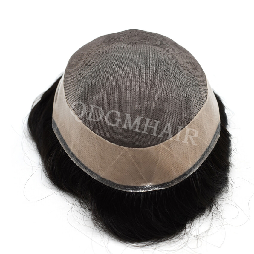 Fine Mono Mens Toupee Poly Skin NPU Around Hairpiece Black Human Hair System Wig